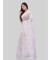 DESH BIDESH Women`s Phulkari Resham Dhakai jamdani Bengal Pure Cotton Handloom Saree Whole Body Design without Blouse Piece (Off White)